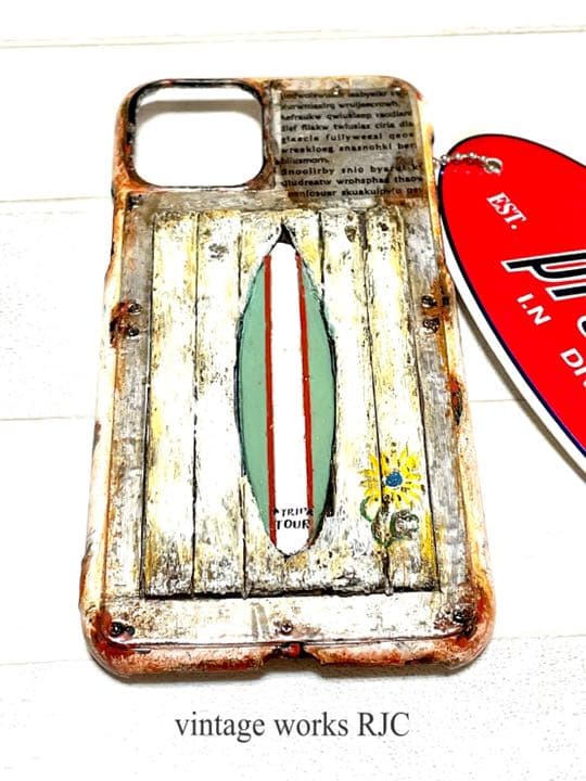 古材風サビ塗装サーフ&シャビーフラワースマホケースiPhone.Android