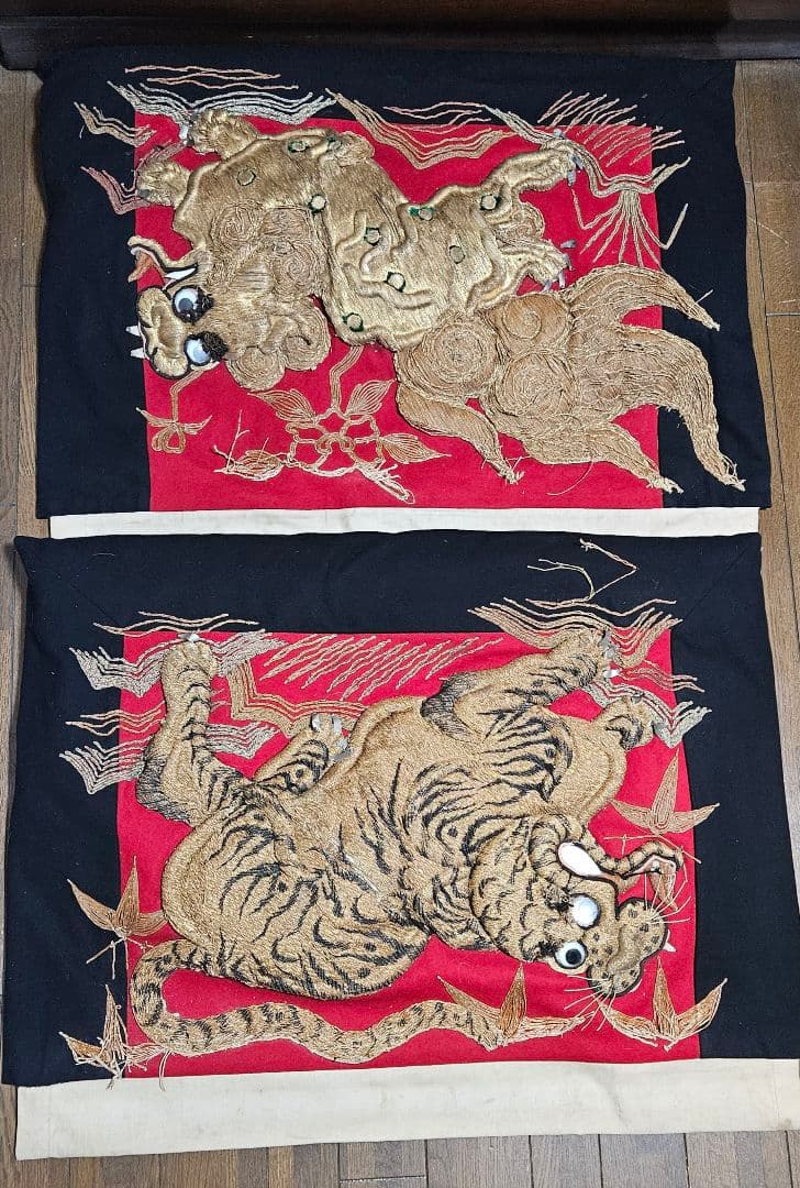 ふとん太鼓　高欄掛け　刺繍　祭り　竹に虎　アンティーク　ヴィンテージ　2枚セット