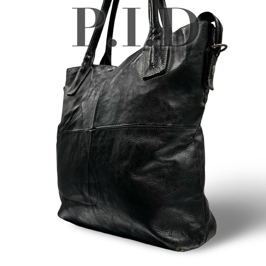 【良品】ピーアイディー　トートバッグ　オールレザー　ブラック　肩掛け　大容量