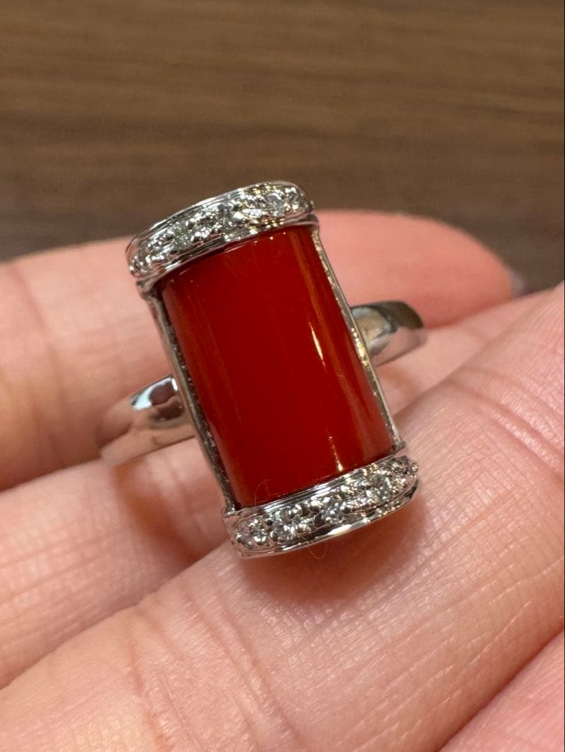 pt900 珊瑚 ダイヤ 0.08ct 15号8.2g リング