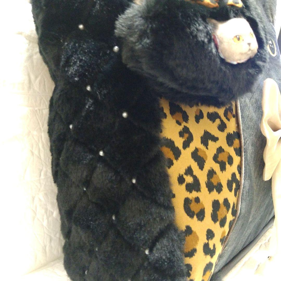 ゆ*ら様 コヤンイサムチョン☆横長トートバッグ　ヒョウ柄&ボアキルトパール　黒猫