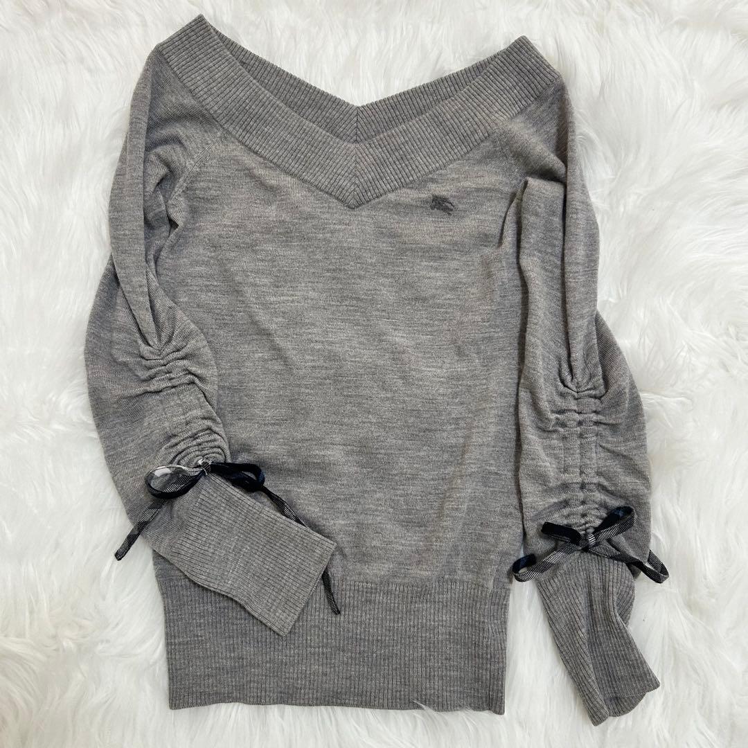 BURBERRY BLUE LABEL Vネックニット グレー リボン袖　M