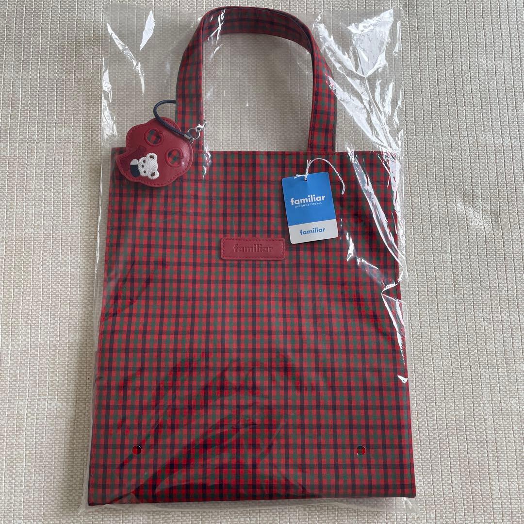 familiar 赤 チェック柄 ハンドバッグ