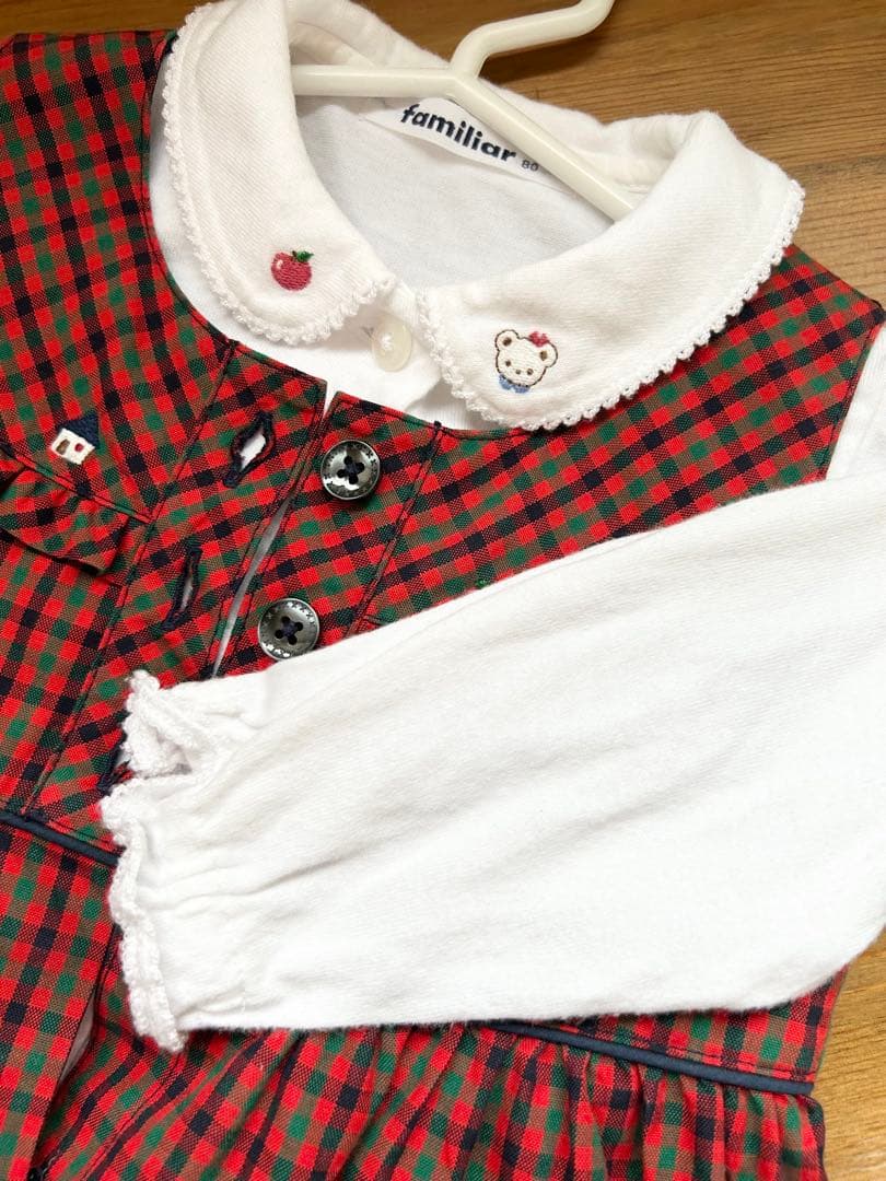 美品★ファミリア　赤チェックワンピース　長袖ブラウス刺繍　セット売り　サイズ80