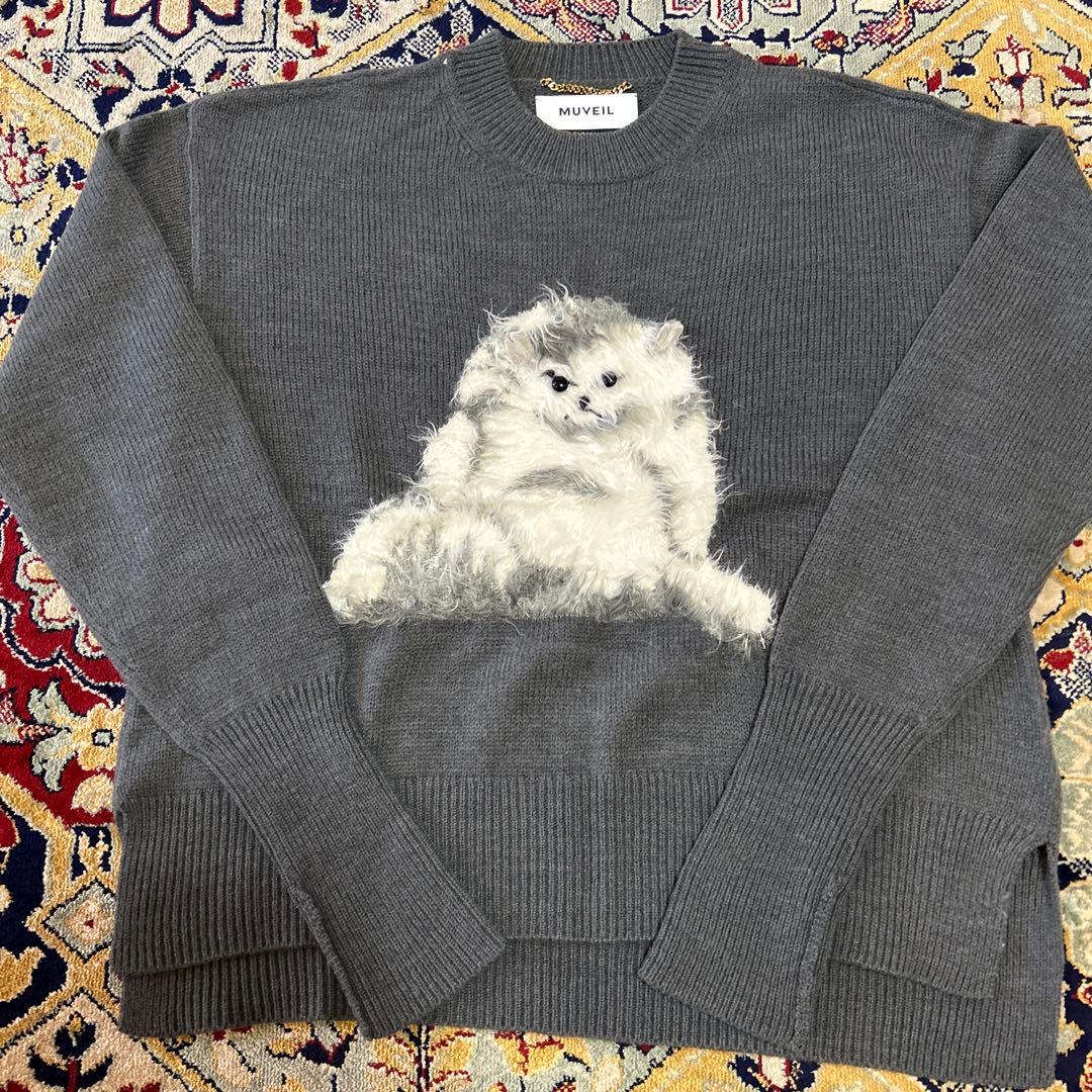 MUVEIL 猫刺繍 グレー長袖ニット38