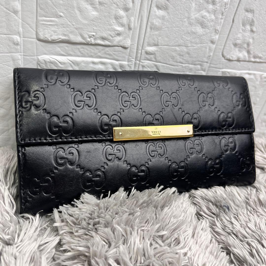 美品✨GUCCI シマ　レザー　長財布　ブラック　メンズ　ロゴプレート　Wホック