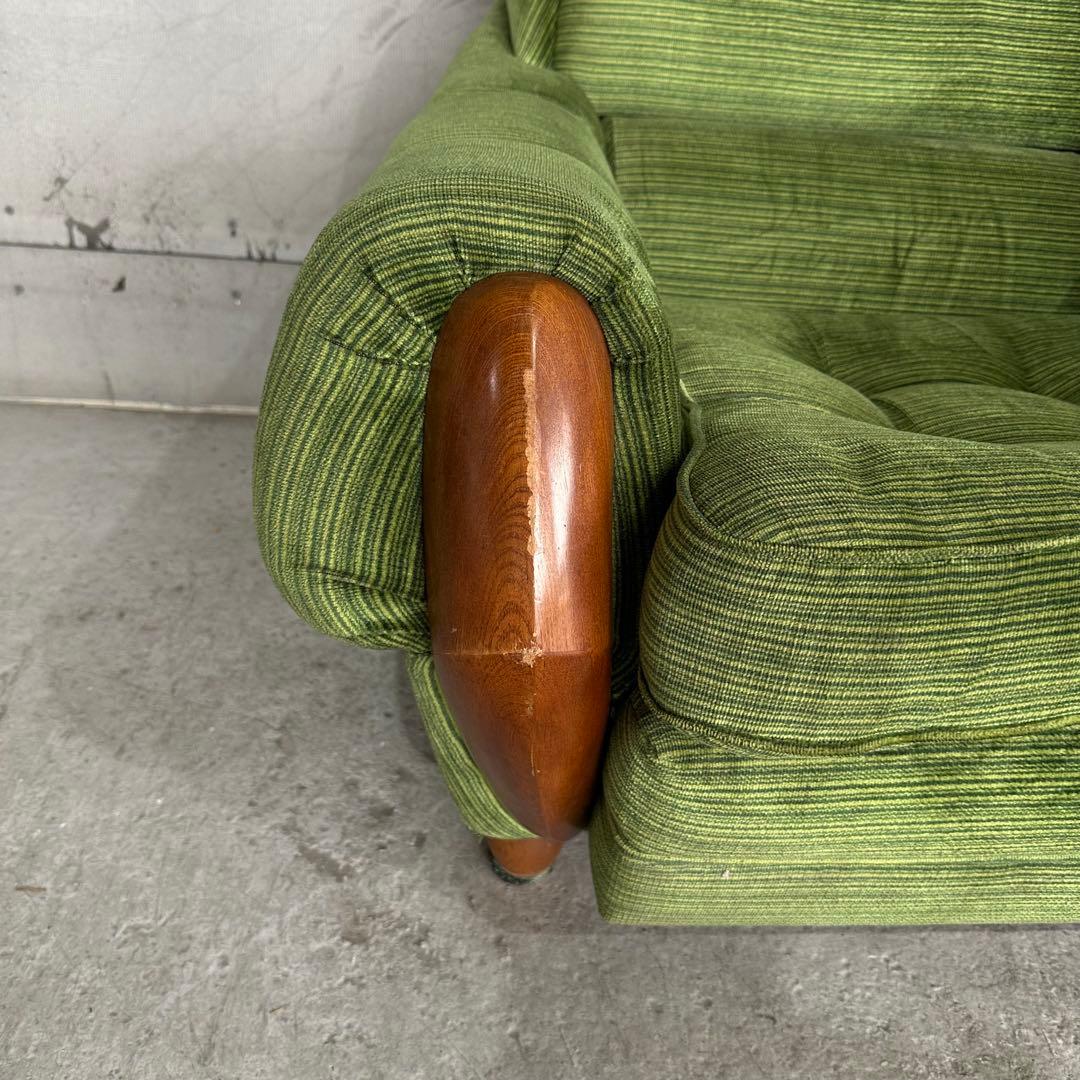 昭和レトロ ミッドセンチュリー グリーン 1人掛けソファ木肘 ヴィンテージ 国産