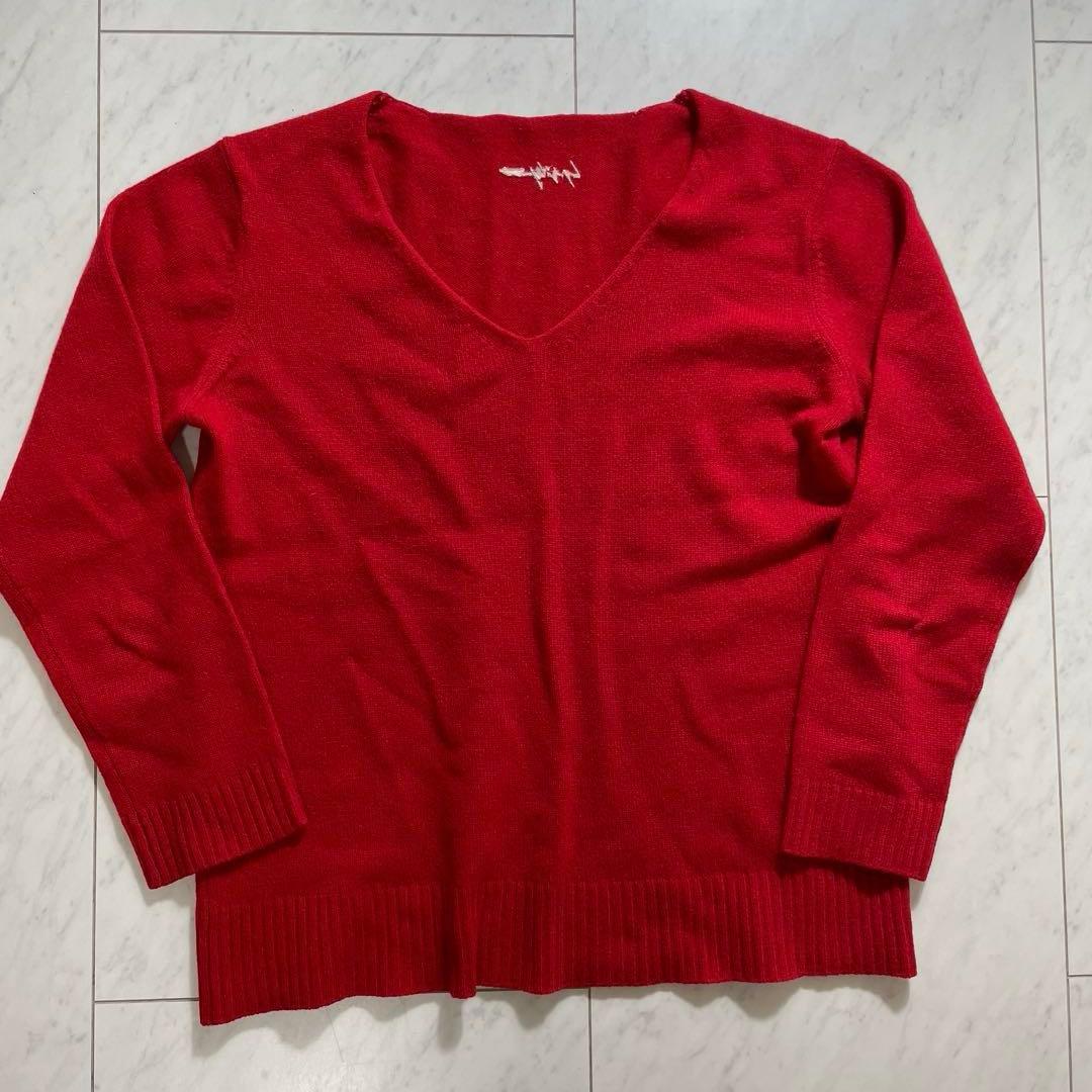 ヨウジヤマモト Vネックニット セーター カシミヤ100% ロゴ刺繍 赤 2