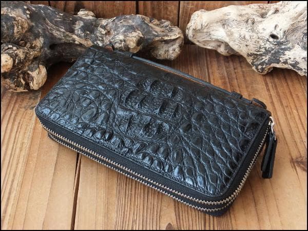 新年特価★ゴダン カイマンクロコワニ革 Wジッパー 長財布ベルト付 8055BK