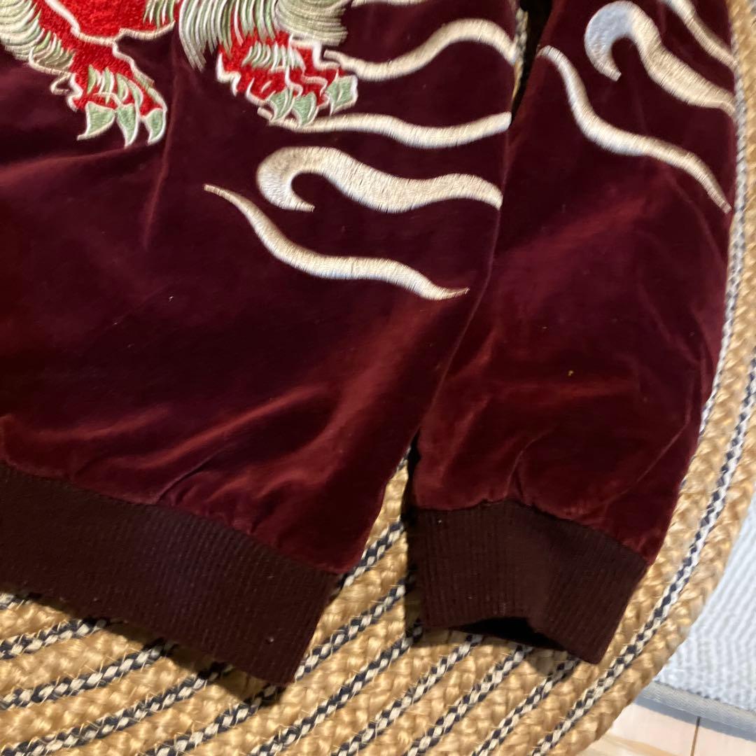 百*坊様 スカジャン バーガンディ 刺繍獅子柄　M ベルベット　ベロア　両面