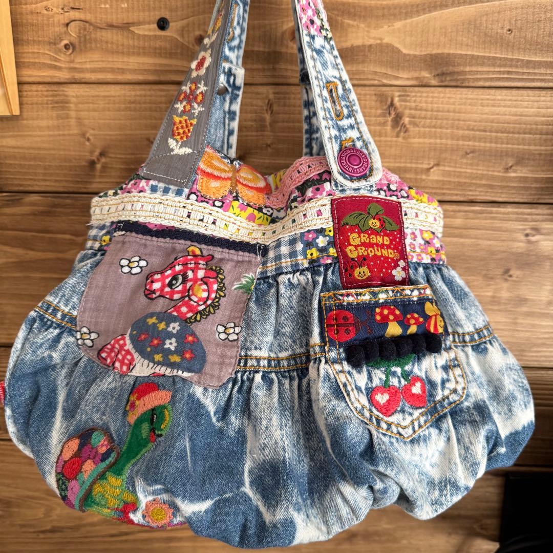 も*も様 ハンドメイド デニムリメイク バッグ レトロアニマル 楕円底 35