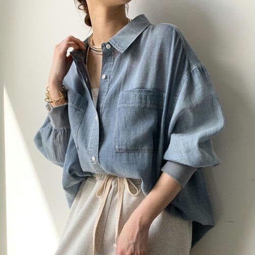 【一度のみ着用】25SS DouDou 袖リブシアーデニムシャツ サックス