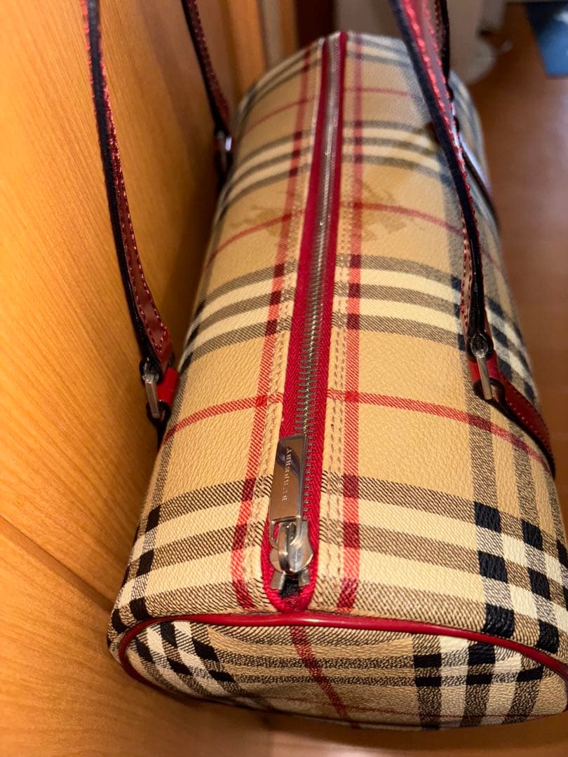 バーバリーチェック柄 ボストンバッグ ベージュ・レッド